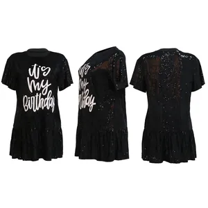 Detail views showing front, side, and back of black sequined dress with 'it's my Birthday' text
