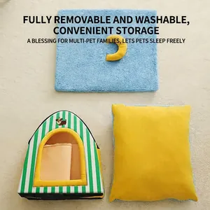 Enclosed washable pet bed set featuring a striped house blue mat and yellow cushion