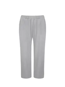 Front view detail showing grey casual elastic waist straight leg trousers for women