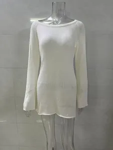 Full front view of white long-sleeved knit sheer beach cover-up dress for women