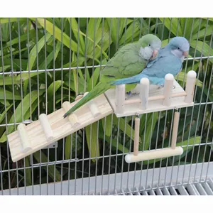 Detailed view of a wooden parrot toy set with climbing ladder and swing for birdcages.