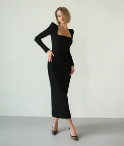 Elegant French style square neck long sleeve little black maxi dress for women