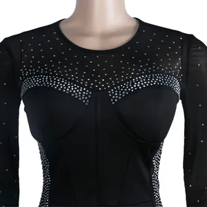 Close-up detail of black sheer mesh dress featuring sparkling silver rhinestone embellishments
