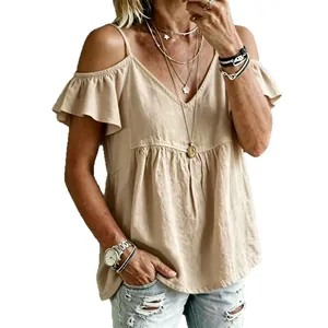 Casual beige off-the-shoulder top with ruffled short sleeves and V-neck for women
