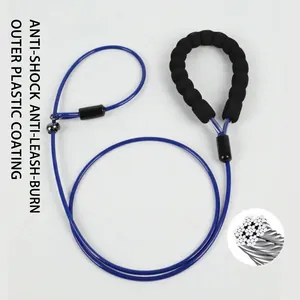 Detail of durable blue steel wire dog leash with comfortable foam handle