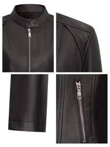 Détails rapprochés d'une veste noire en similicuir pour femme avec col montant et zip