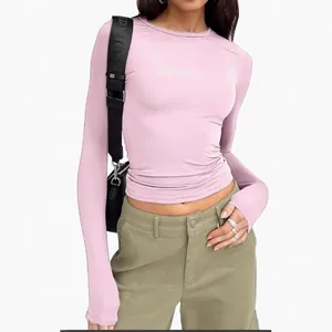 Stylish slim fit pink long sleeve crew neck T-shirt for trendy casual streetwear