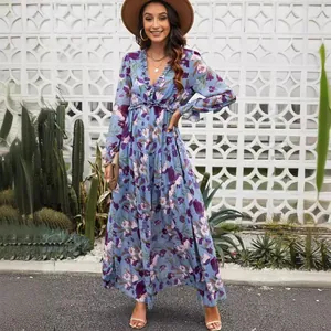 Floral print long sleeve maxi dress with ruffled V-neck for women