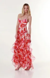 Full-body view of red floral chiffon maxi dress with tiered ruffle details.