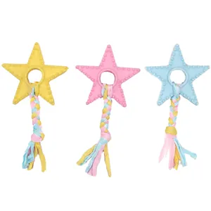 Detail view of TPR star dog chew toys with colorful braided fabric strips for puppies