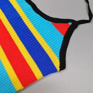 Detail view of the multi-color striped ribbed knit crop top camisole fabric texture