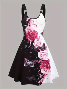 Detalle de un vestido veraniego blanco y negro con rosas y mariposas en relieve 3D.