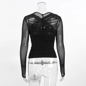 Back detail of a black ruched long-sleeve mesh top with sheer fabric finish.