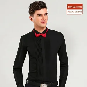 Men's formal black wing collar tuxedo shirt with a vibrant red bow tie detail