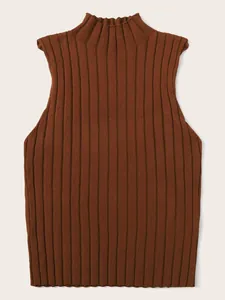 Close-up detail of this brown sleeveless ribbed knit top with an elegant mock neck.
