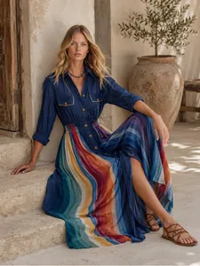 Detailed view of vintage navy blue shirt dress featuring a vibrant rainbow striped maxi skirt.