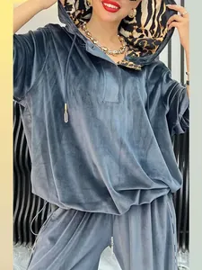 Ensemble Capuche Et Pantalon Effet Velours Polyester Femmes Doublure Léopard Couleur Unie Manches Longues Top Et Bottom