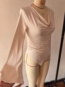 Detail of long sleeve cowl neck bodysuit with ruched sides and slim fit design