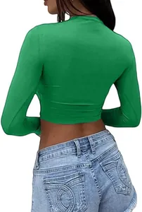 Detailed back view of a sexy slim fit cropped long sleeve t-shirt in vibrant green color.