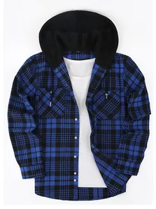 Detail view of a blue and black plaid hooded long-sleeve flannel shirt for men