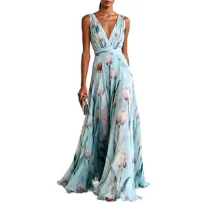 Elegant light blue V-neck maxi dress with tulip floral print for formal evening parties.