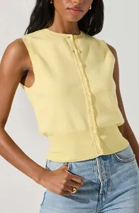 Detailed macro shot of a yellow knitted sleeveless button-up top for summer fashion