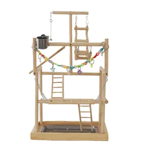 Grand terrain de jeu en bois pour perroquets avec échelles, balançoire et gobelet