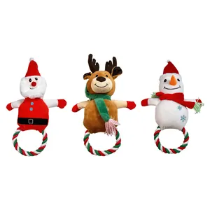 Set mit 3 Weihnachts Plüsch Hundespielzeugen mit Seilringen: Weihnachtsmann, Elch, Schneemann