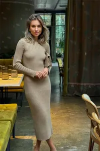 Elegant slim fit long-sleeved ribbed knit midi dress in beige for autumn winter