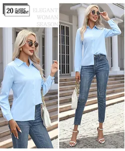 Detail view of a women's light blue casual long-sleeved button-down shirt on a model