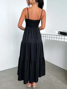 Elegant black tiered spaghetti strap midi dress with smocked back for women