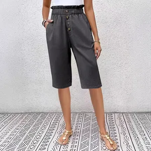 High-waisted cotton linen casual shorts for women with decorative buttons and pockets