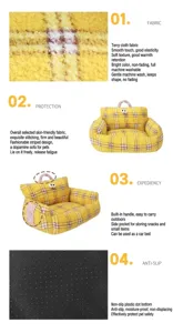 Detailed features of the bouclé cat sofa, including anti-slip base and portable handle.