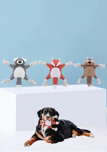 Plush rope knot dog toys in fox and squirrel shapes shown with a large dog model