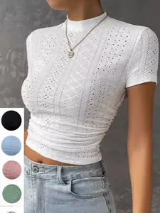 Women Pointelle Knit Ruched Crop Top Short Sleeve Round Neck Slim Fit Top Streetwear Solid Color Casual Polyester T-Shirt