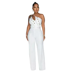 Elegant white one-shoulder jumpsuit with gold stud details and wide-leg design