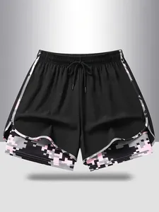 Pantaloncini sportivi 2-in-1 neri da donna con fodera interna rosa pixelata e coulisse