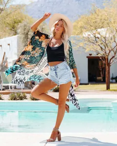 Eleganter Boho Chiffon Kimono Cardigan mit Blumendruck Strand-Überwurf für Urlaub