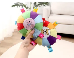 Hand-held close-up of colorful plush squeaky frisbee toy with multi-colored tags for dogs