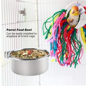 Stainless steel parrot food bowl easily installed in a bird cage