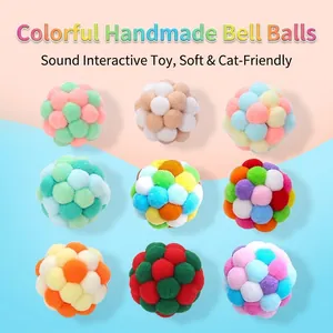 Colorful Handmade Plush Bell Ball Cat Toy Interactive Elastic Pom-pom Ball For Indoor Cats Kittens Bite Resistant Playing Pet Supplies
