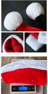 Dettaglio cappelli di Babbo Natale in peluche con texture e peso di 115g sulla bilancia.