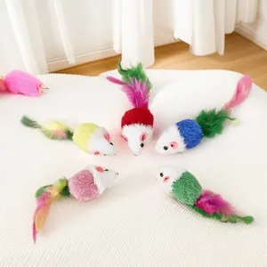 Set of five colorful squeaky plush mouse toys with feather tails for interactive cat play