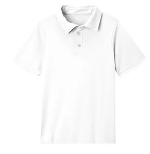 Close-up detail of a white children's short-sleeved Polo shirt with two buttons.