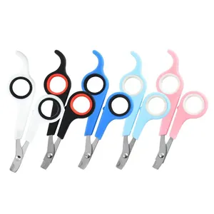 Professional pet nail clippers for dogs and cats in various colors, grooming tool set.