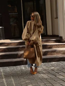 Women High End Stand Collar Long Trench Coat Oversized Lantern Sleeve Side Slit Casual Fashion Windbreaker Overcoat Outerwear