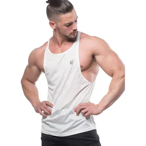 Breathable white mesh quick-dry gym tank top for men, athletic fit studio model view