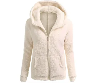 Close-up of a women's plush cream sherpa hooded jacket with full zipper detail.