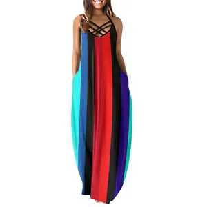 Bohemian summer sleeveless maxi dress with colorful vertical stripes and pockets