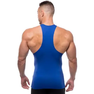 Back view of men's fitness stringer tank top in blue, highlighting the Y-back fit.
